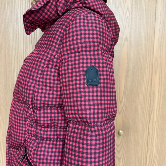 Women COACH Gingham Check Short Down Puffer Coat Jacket - Red/Black - Size Large - Picture 4 of 15